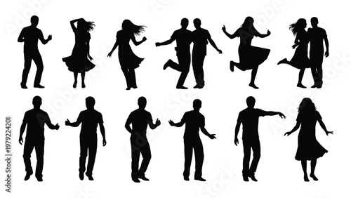 A collection of black silhouettes depicts diverse people dancing and interacting in joyful celebratory poses high quality professional detailed modern elegant