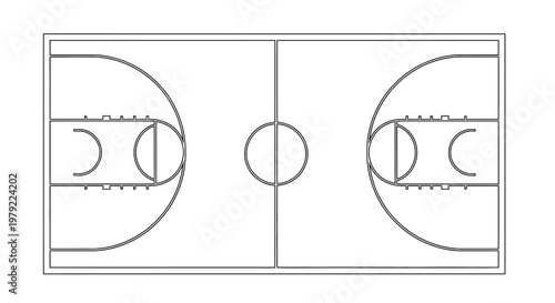 Overhead view of a basketball court with lines and circles