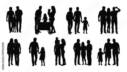 A collection of black silhouettes depicts various family groups including parents with children and couples set against a white background
