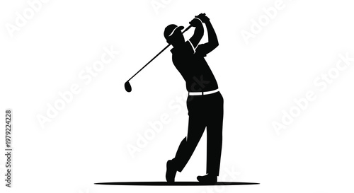 Silhouette of a golfer completing his swing against a white background