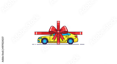 A vibrant yellow sedan is elegantly wrapped with a large red ribbon and bow centered in a clean minimalist graphic composition for a special gift reveal.