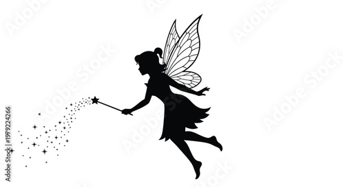 A graceful fairy in flight casting magic a dark silhouette