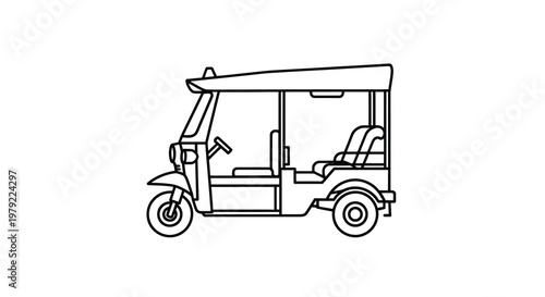 Line drawing of a three wheeled vehicle resembling a tuk tuk