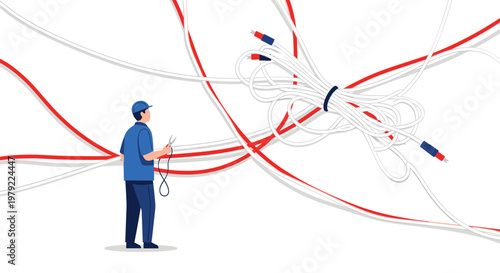 A worker in a blue uniform holds a tool while standing near a chaotic tangled mess of white and red electrical cables for a technical maintenance concept.