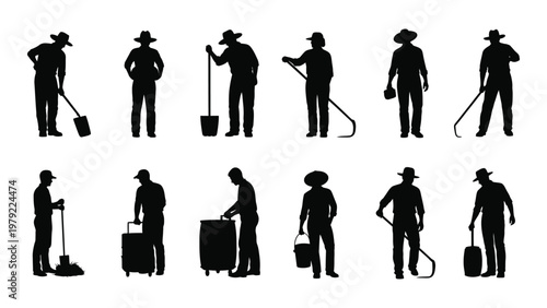 A collection of black silhouette figures depicting various laborers and workers with tools including shovels and buckets high quality professional detailed