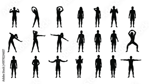A collection of black silhouettes depicting various human figures engaged in stretching and exercise poses high quality professional detailed modern elegant