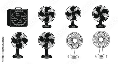 Collection of black and white illustrations depicting various electric fans