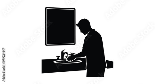 Man washing hands at sink depicted as a striking silhouette