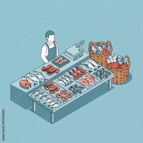 Fisherman selling seafood at market stall.