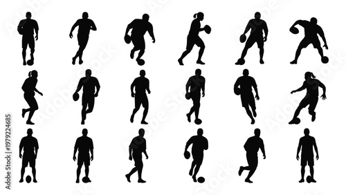 A collection of black silhouettes depicting various dynamic poses of people playing or practicing soccer high quality professional detailed modern elegant