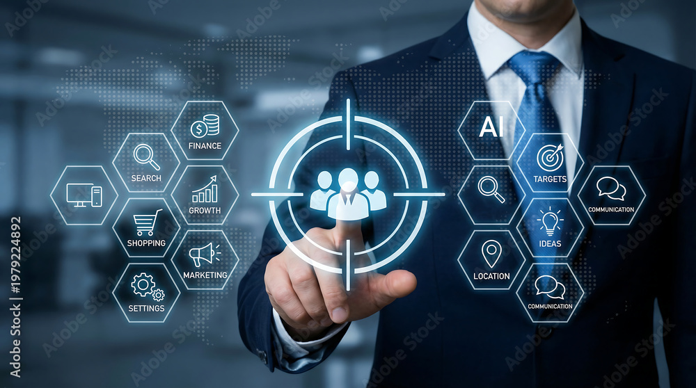 Fototapeta premium A businessman points at a central target audience icon, surrounded by a complex network of icons representing AI, finance, search, growth, and marketing, indicating advanced business intelligence.