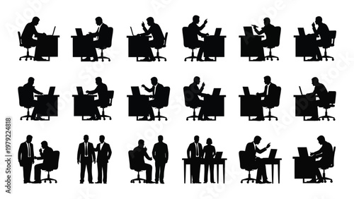 A collection of black silhouettes depicting people in various business settings including meetings working and casual conversations high quality professional detailed
