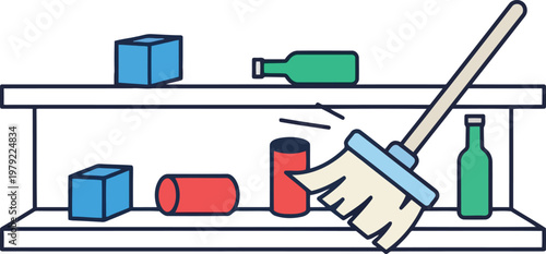 Broom sweeping retail shelves with bottles and cans for grocery store cleanup and commercial janitorial service, flat vector illustration
