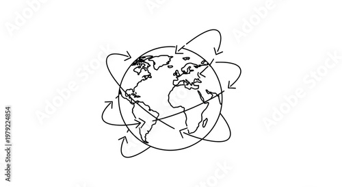 A simple black and white sketch of the earth with circling arrows