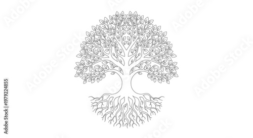 Detailed black and white illustration of a tree with sprawling roots and foliage