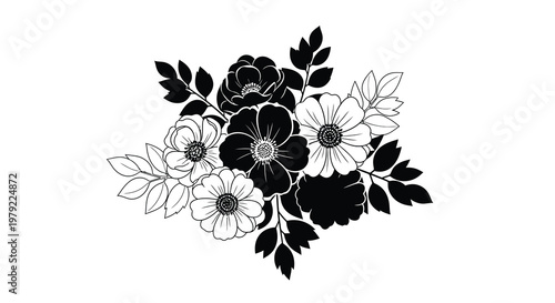 Elegant floral arrangement featuring roses and delicate blossoms in black and white