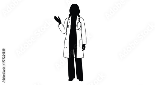 Female doctor in a white coat waving a striking silhouette