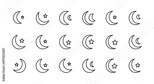 A collection of simple black and white crescent moons and stars