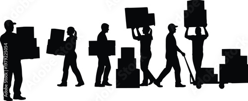 People carrying boxes moving house silhouette isolated black vector illustration