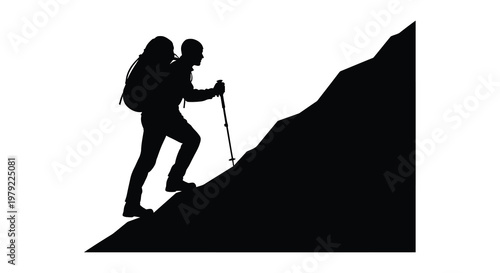 Hikers ascend a steep mountain slope depicted in striking silhouette
