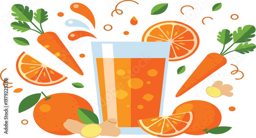 Fresh Orange Carrot Juice Glass with Citrus Fruits Vegetables and Ingredients for Healthy Detox Drink Nutrition Concept Flat Vector Illustration.