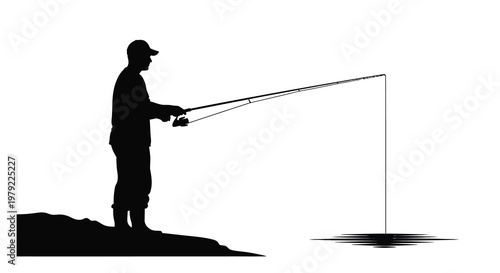 Fisherman casting a line from shore a striking black silhouette