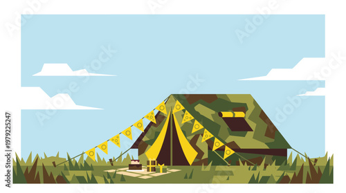 A camouflage tent decorated with festive bunting, set up in a grassy field under a cloudy sky, with a small cake and chairs nearby.