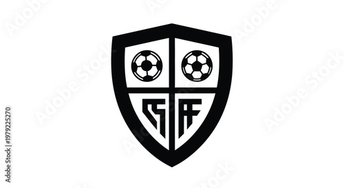 Black shield emblem featuring two soccer balls and the letters gf