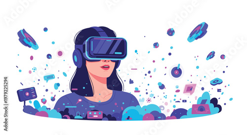 Young woman experiencing immersive virtual reality technology surrounded by floating abstract geometric shapes and colorful digital interface elements today.