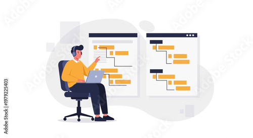 Man working on project management Gantt chart on laptop, business planning concept