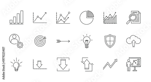 Business and data analysis icons in a simple line style