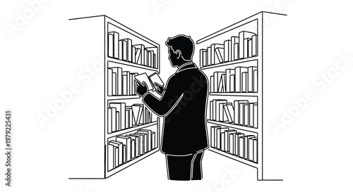 A man reads a book within a large filled bookshelf setting