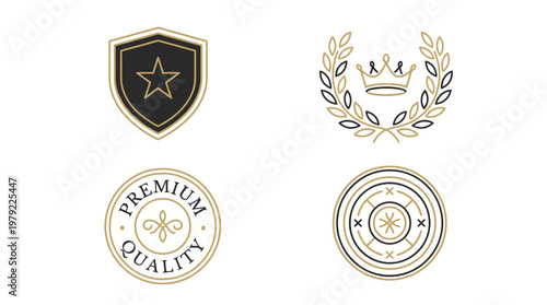 A collection of four distinct emblem and badge designs, featuring shields, crowns, and circular seals, in a sophisticated black and gold color palette.