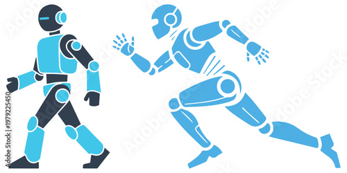 Two humanoid robots walking and running in side profile view eps 10