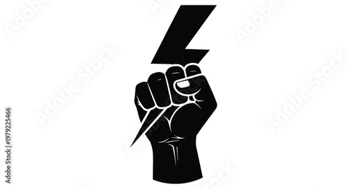 A clenched fist powerfully holding a black lightning bolt symbol