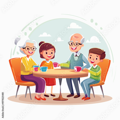 Diverse family group with grandparents and children sharing drinks, family time