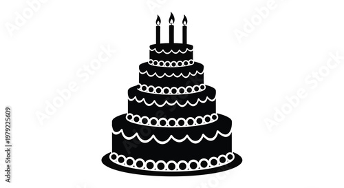 A tiered birthday cake with burning candles a black silhouette