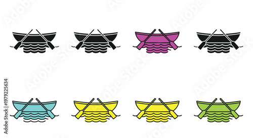 Colorful variations of rowboats with oars on wavy water surfaces