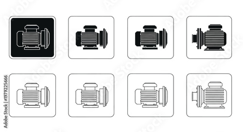 Four sets of electric motor icons in varying styles and outlines