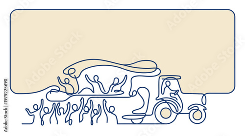 Continuous line drawing of a festive parade with a vehicle, float, and cheering crowd under a large banner.