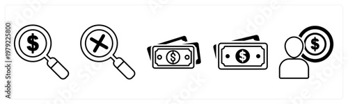 A set of 5 mix icons as search money, zoom, cash