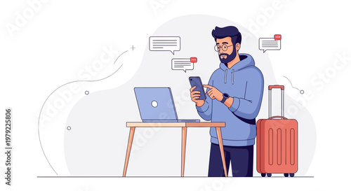 Man with laptop and suitcase using smartphone, with chat bubbles, travel and remote work concept