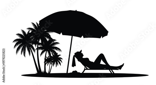 Relaxing beach scene with a woman and palm trees a dark silhouette
