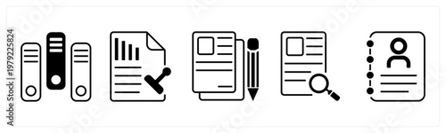 A set of 5 mix icons as files, stamp paper, article writing