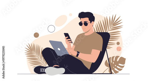 Man with laptop and phone relaxing outdoors with plants