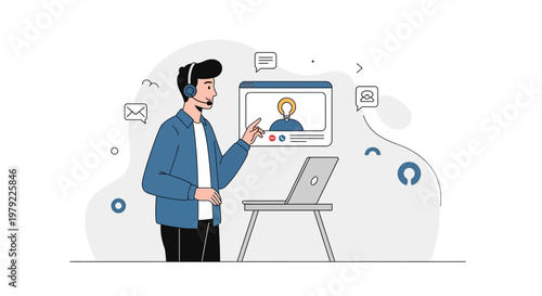 Man with headset in video call, online meeting, remote work, technology concept