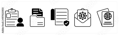A set of 5 mix icons as user details, folder, authorship