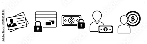 A set of 5 mix icons as id card, card security, money protection