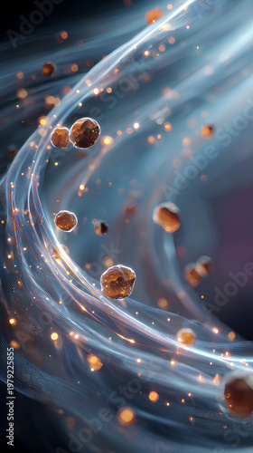 Abstract biology background with DNA strands and glowing cells in dynamic composition showcasing science innovation research and modern conceptual design concept