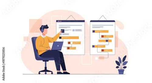 Man with headphones working on laptop, planning project on boards, business concept